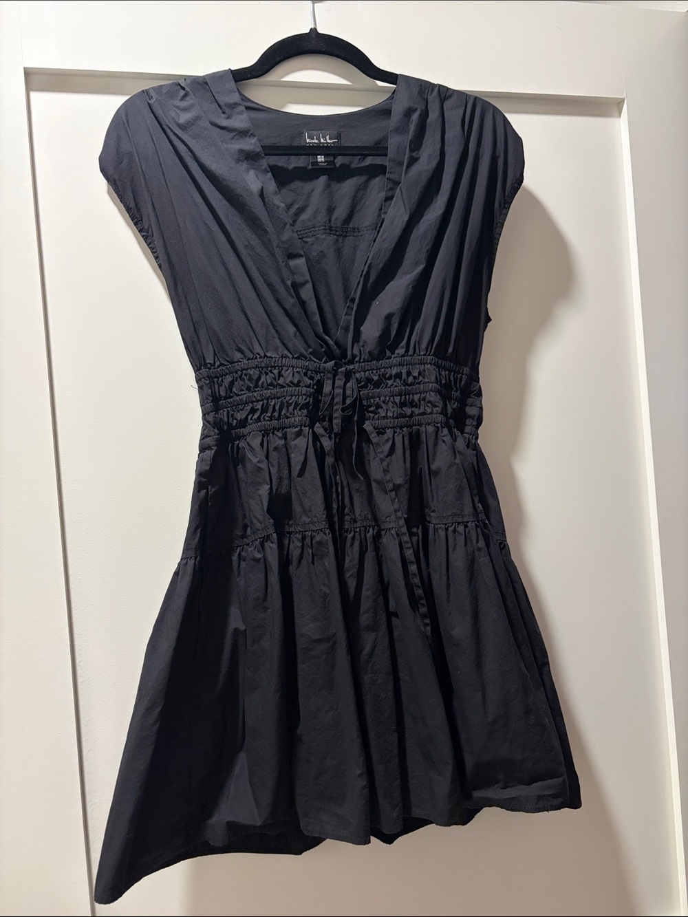 Nicole MillerBlack Cap-Sleeve Drawstring Waist Dress